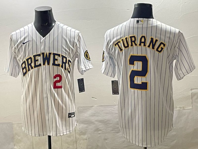 Men 2025 Milwaukee Brewers #2 Turang White Stripe 2025 Nike MLB Jersey 014->milwaukee brewers->MLB Jersey